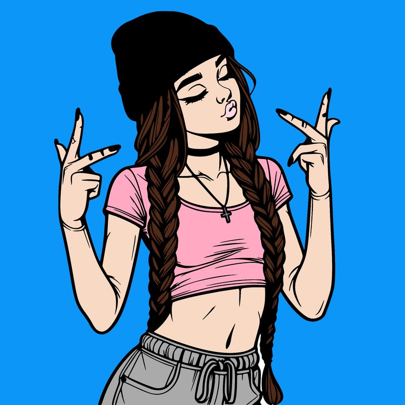 realistic teenage girl with braids and a beanie and crop top doing 🫶🏼