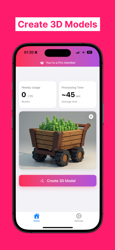 Image to 3D Model Generator app home screen showing a 3D rendered cart and model processing statistics