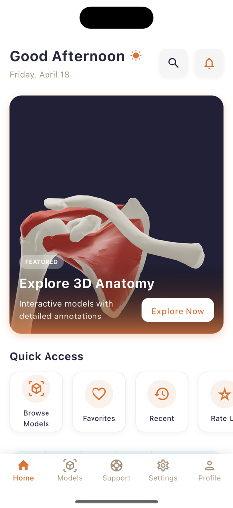 Schermata principale dell'app Anatomia 3D con un modello 3D interattivo dell'anatomia della spalla umana con pulsanti di navigazione ad accesso rapido.