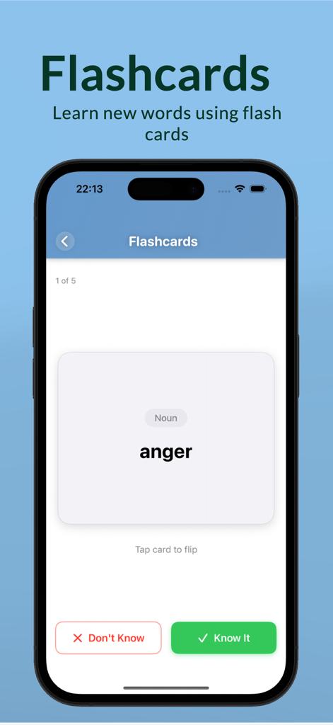 Twi Dictionary - Interfaz de la aplicación Diccionario Twi que muestra tarjetas de memoria interactivas para aprender palabras