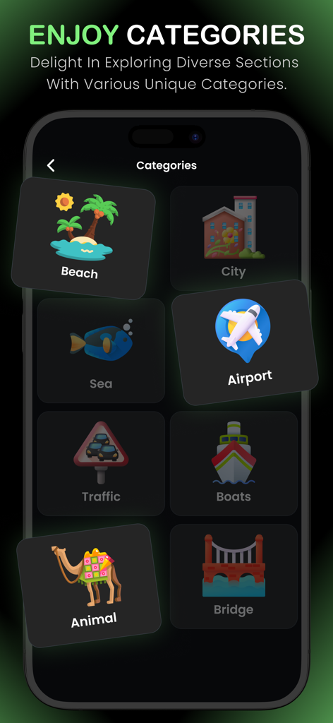 Live Earth Map - Online Camera - Live Earth Map app categories screen with icons for beach city and airport cameras