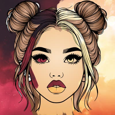 realistic girl with two buns on her hair and lips