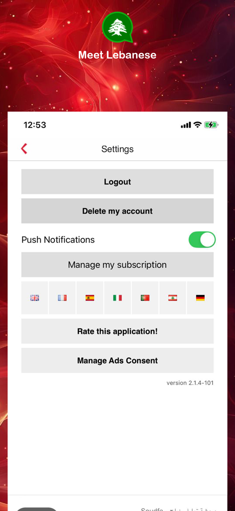 Meet Lebanese - Dating Lebanon - Settings menu of the Meet Lebanese dating app showing language options and account management
