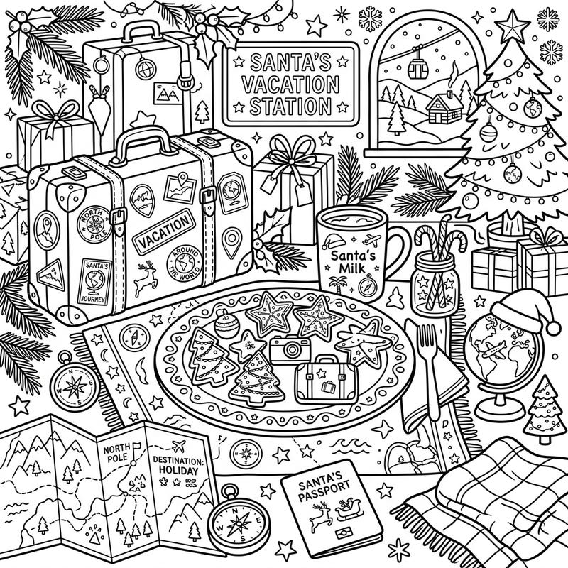 Embark on a delightful journey with Santa! This unique coloring page blends the tradition of Christmas cookies with the excitement of a festive vacation, showcasing Santa's travel essentials alongside holiday treats.