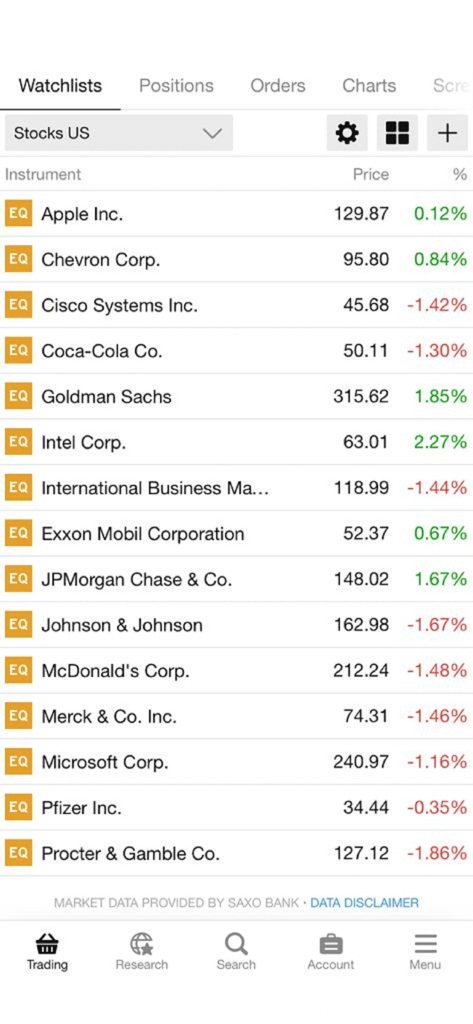 AB Invest Mobile - AB Invest Mobile app interface showing a watchlist of major US stocks with current prices and percentage changes