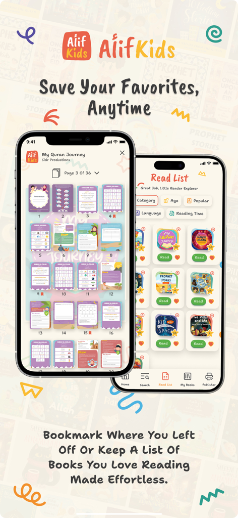Two mobile screens of Alif Kids app showing book bookmarking and a personalized read list for children.