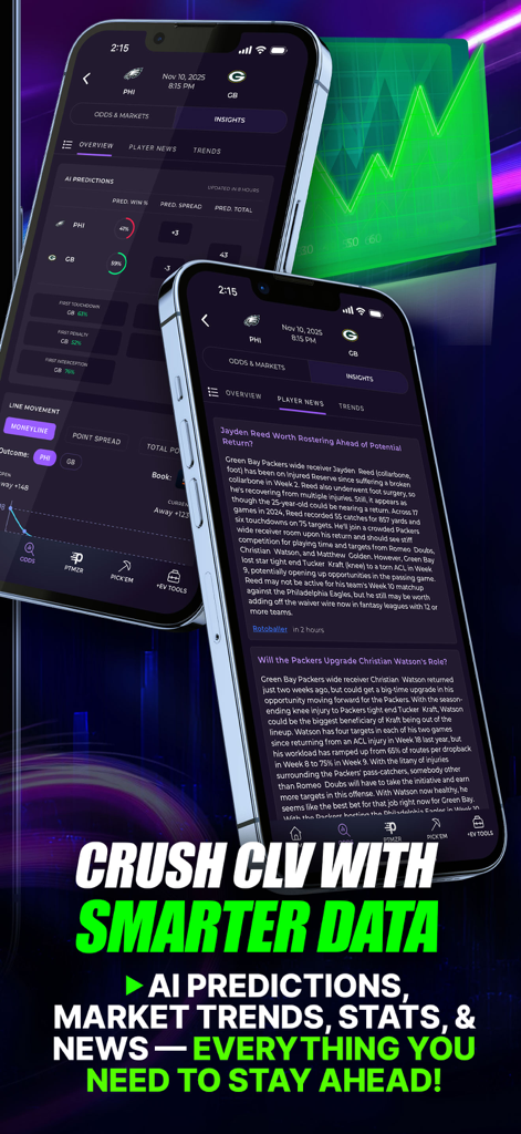 Sharp App: Sports Betting - Interfaz de Sharp App mostrando predicciones de apuestas deportivas de IA y actualizaciones de noticias de jugadores.