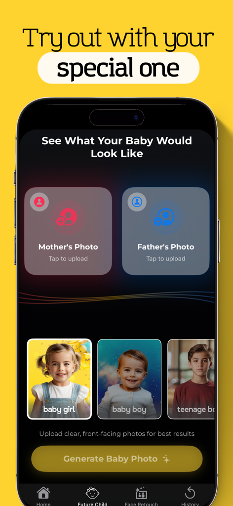 Interface de l'application Baby Generator FaceCast montrant la fonctionnalité de prédiction du visage d'un futur bébé en téléchargeant les photos de la mère et du père