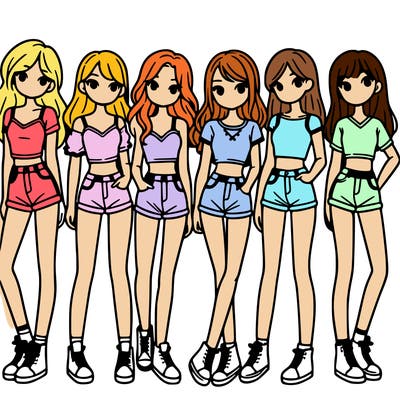 a group of girls wearing crop tops and shorts