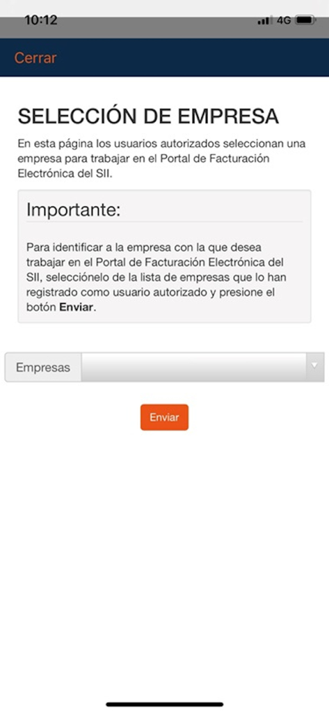 Interfaz de selección de empresa en la aplicación móvil e-Factura para usuarios autorizados