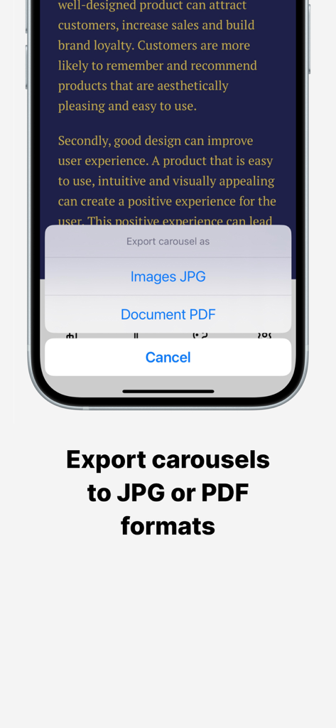 Tela de um celular mostrando opções para exportar carrosséis de mídia social como imagens JPG ou documentos PDF dentro do aplicativo CRSL.