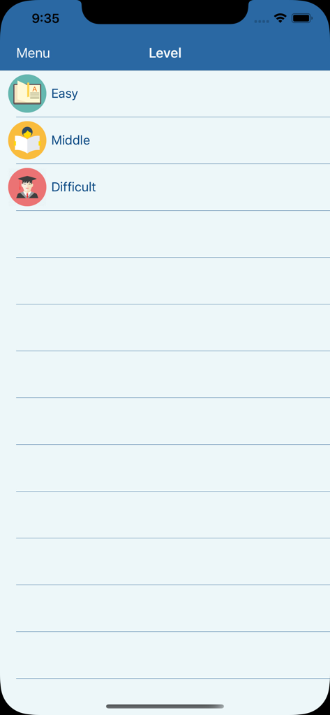 English Speaking Listening Pro - Level selection screen in the English Speaking Listening Pro app showing easy middle and difficult options