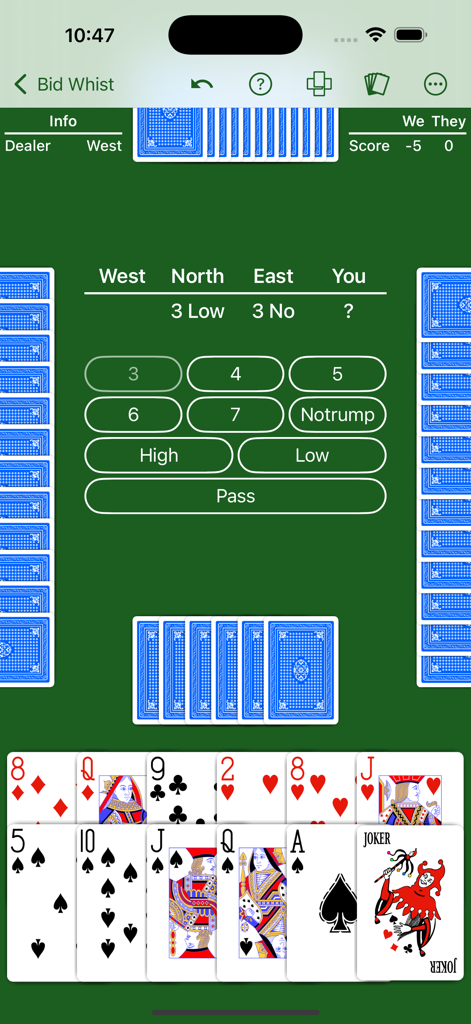 A screenshot of the Bid Whist Expert AI mobile app showing the bidding screen and player cards.