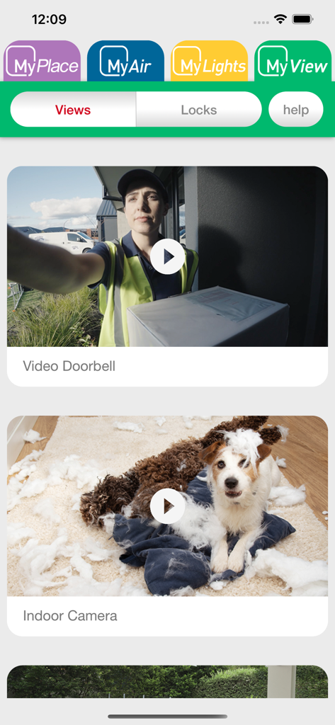 MyPlace app screen showing video doorbell and indoor camera feeds