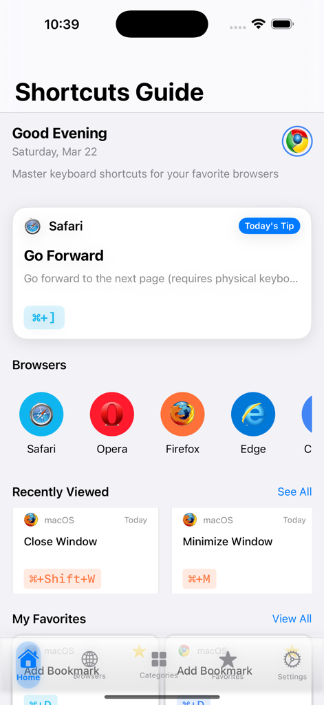 Startbildschirm der Webbrowser-Tastenkombinationen-App mit einem täglichen Tipp für Safari und einem Menü unterstützter Browser wie Firefox und Edge