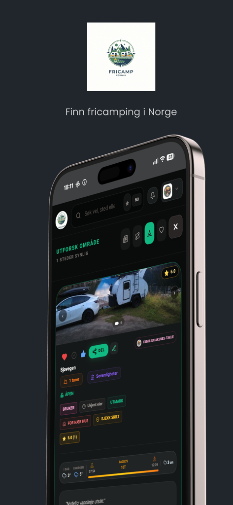 Fricamp - Smartphone screen displaying the Fricamp app interface with a featured wild camping spot in Norway including a 5-star rating and terrain details.