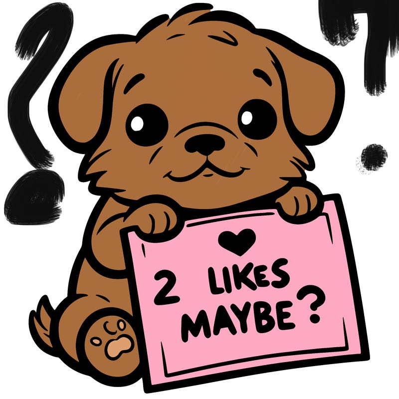 a puppy holding a sign that says 2 likes maybe?