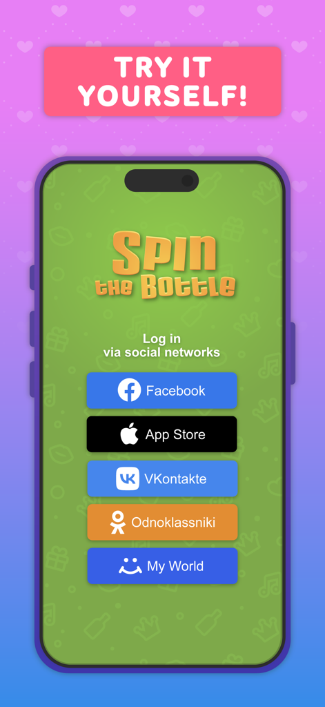 Spin the Bottle: make friends - Spin the Bottle app login screen with social network integration buttons