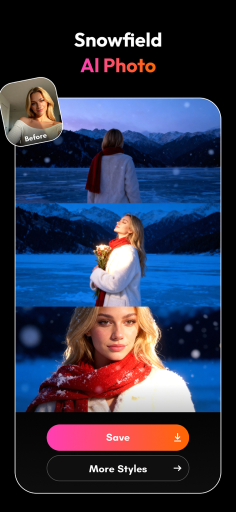 PicMa: AI Photo & Video Editor - Interfaz de la aplicación de edición de fotos IA mostrando a una mujer transformada en un paisaje nevado usando los filtros IA de PicMa