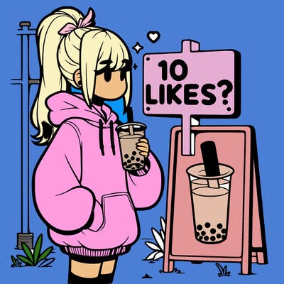 girl with oversized hoodie drinking boba and she has a high ponytail with a sign that says 10likes?