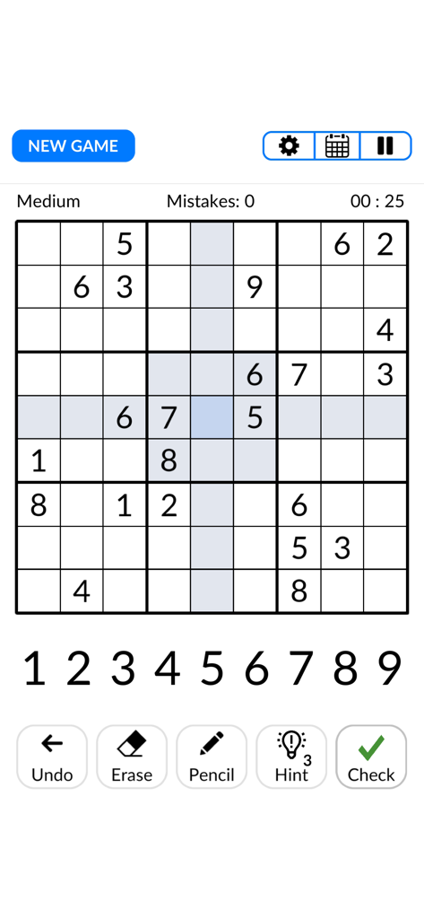 Captura de pantalla del juego de la aplicación Sudoku Classic Puzzle que muestra una cuadrícula de dificultad media con un diseño minimalista y limpio