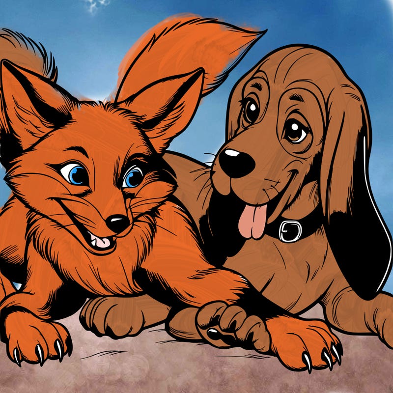 a fox and a hound dog playing together realistic