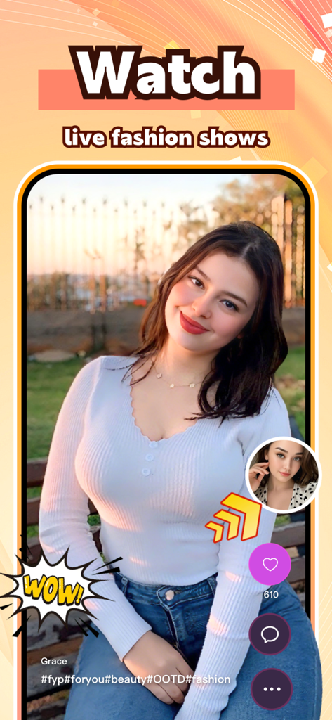 Lumix - Video & Chat - Captura de pantalla de la aplicación móvil Lumix que muestra un video de moda en vivo y herramientas sociales creativas.