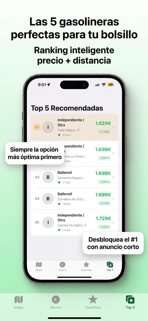 Gasolina Barata – Precio Hoy - Interfaccia dell'app Gasolina Barata che visualizza una classifica delle prime 5 stazioni di servizio più economiche nelle vicinanze