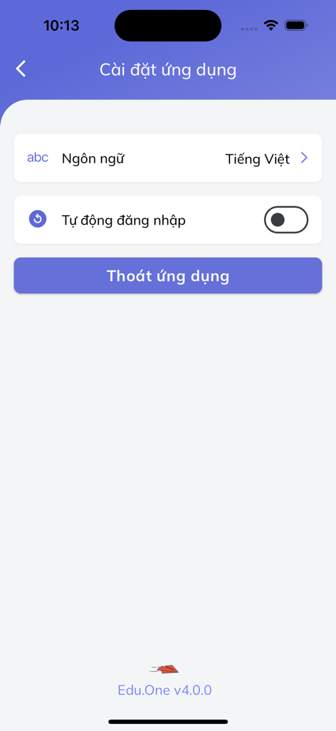 Edu.One mobile app settings screen showing language selection and automatic login options