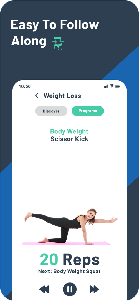 Rony: Muscles Fitness Training - A workout screen in the Rony fitness app showing a woman doing a scissor kick exercise for a weight loss program.