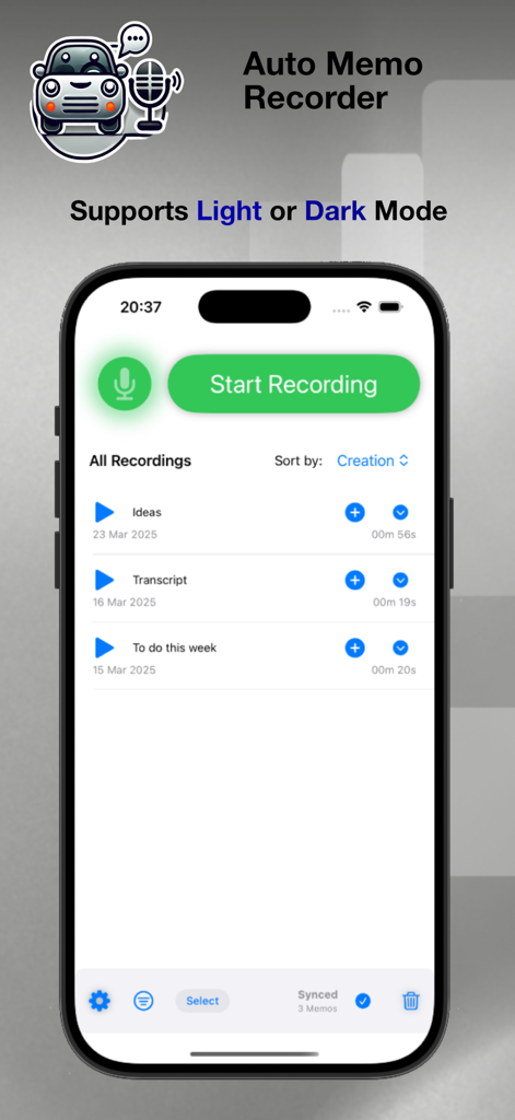 Auto Memo Recorder - Interfaz de la aplicación Grabadora Auto Memo en un iPhone mostrando opciones de grabación de voz en modo claro