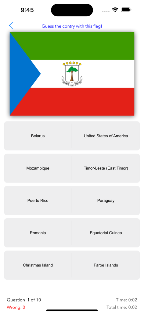 Countries! - Una pregunta de trivia de identificación de banderas en la aplicación Países con la bandera de Guinea Ecuatorial