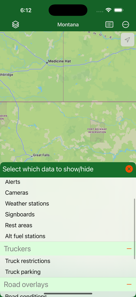 Montana Traveler app map screen with a menu to filter road alerts cameras and weather stations