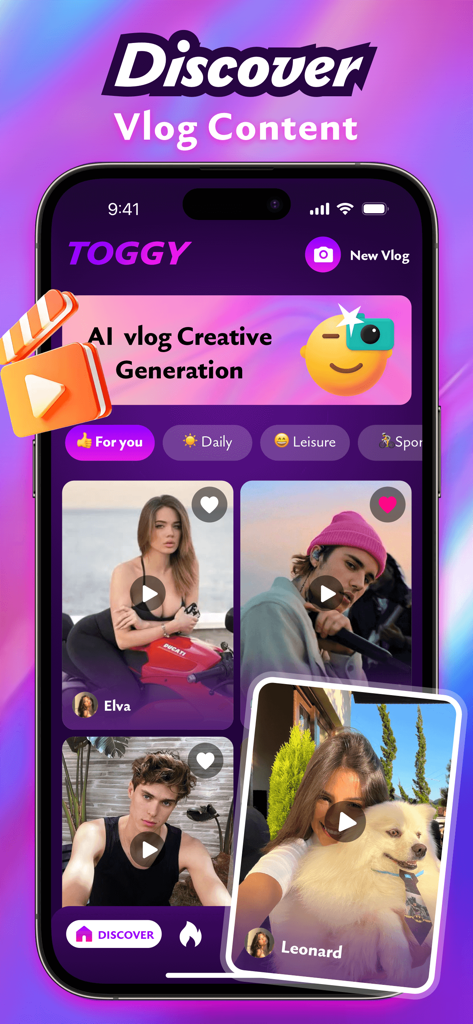 Toggy：Meet & Video Chat，Share - 토기 앱 인터페이스는 브이로그 콘텐츠 발견 및 AI 창의적 생성 기능을 보여줍니다.