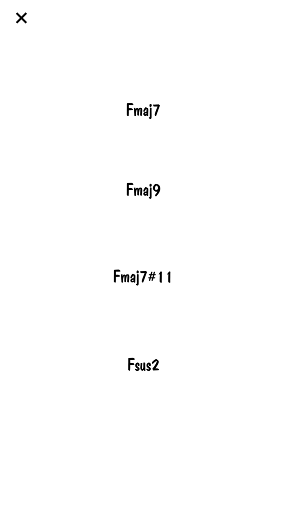 A list of musical chord options including Fmaj7 and Fsus2 in the Easy Chart app interface.