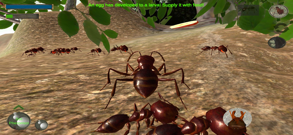 Ant Simulation 3D - Visão de jogabilidade em terceira pessoa do Ant Simulation 3D mostrando formigas no chão da floresta com uma notificação sobre o desenvolvimento de larvas.