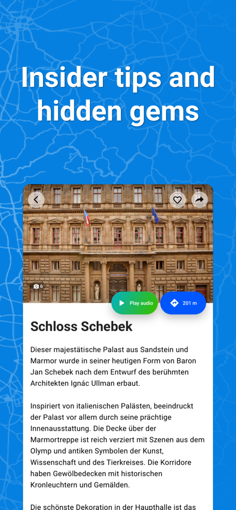 SmartGuide App-Oberfläche zeigt Informationen über Schloss Schebek mit Insider-Tipps und Audioguide-Optionen