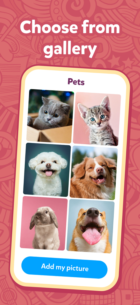 Talking Pet: Dog & Cat Talk - Pantalla de la aplicación móvil mostrando una galería de fotos de mascotas lindas con una opción para agregar tu propia imagen