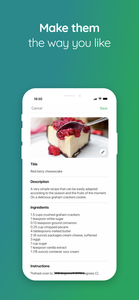 Bergamot - Your recipe manager - The Bergamot app recipe editor showing a red berry cheesecake with ingredients