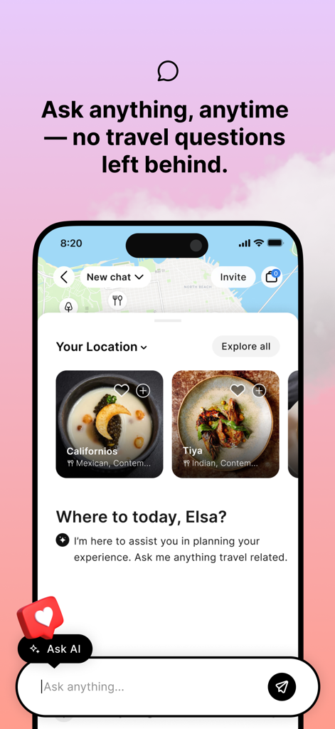 Mindtrip app AI chat interface showing personalized travel recommendations and a chat bar