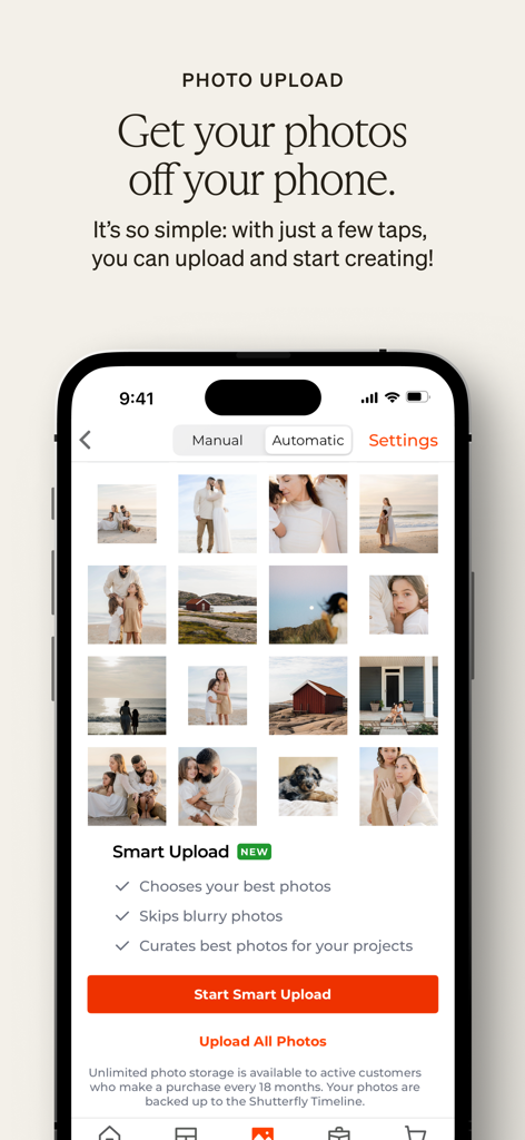 Interfaz de la aplicación Shutterfly para cargar fotos con función de curación inteligente