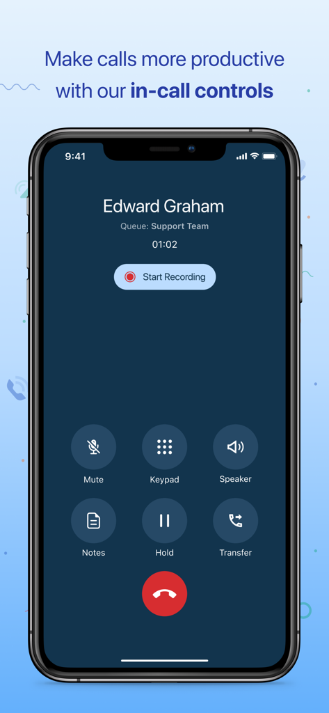 Freshcaller - Freshcaller mobile app active call screen showing in-call controls like recording, notes, and call transfer.