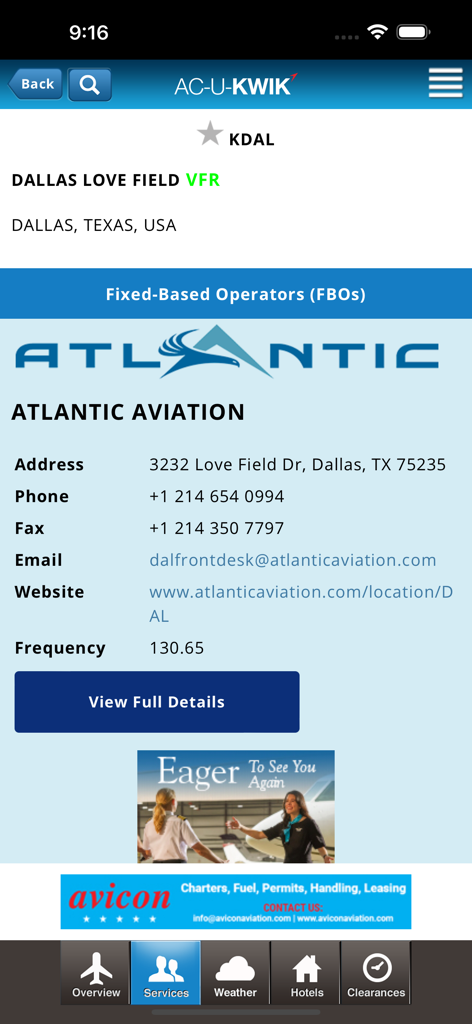 AC-U-KWIK - AC-U-KWIK app interface displaying Atlantic Aviation FBO contact information at Dallas Love Field airport