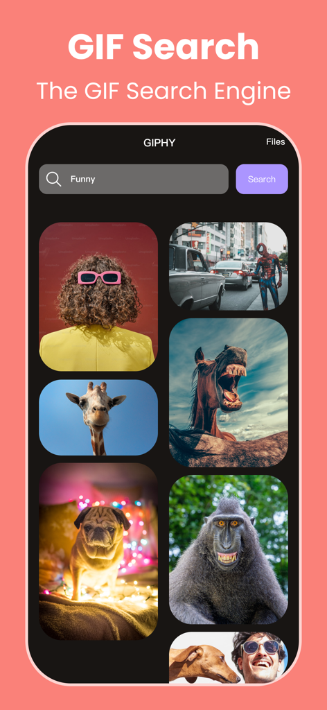 GIF Maker - Turn Video to GIFs - Interface mostrando resultados engraçados de GIF do mecanismo de busca GIPHY dentro do aplicativo Criador de GIF.
