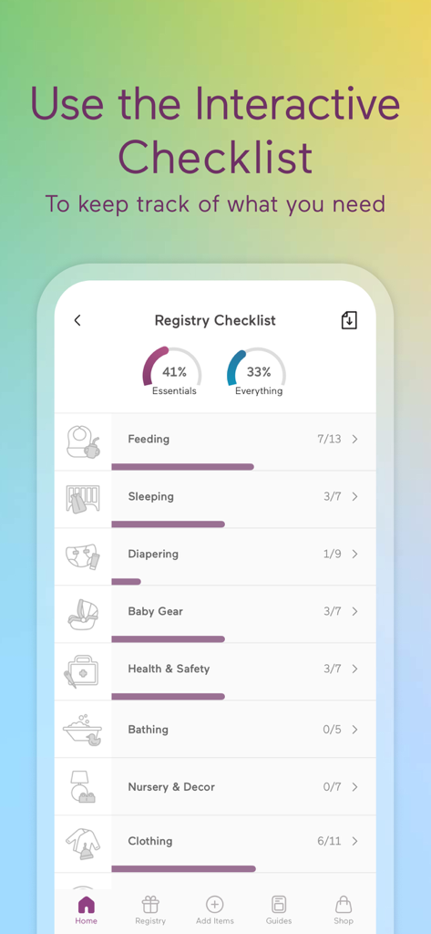 Babylist Baby Registry - Interactive baby registry checklist in the Babylist app showing item progress by category