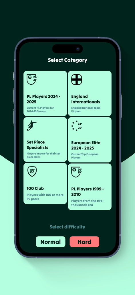 On Yer Head: Football Trivia - Selection screen in the On Yer Head app showing football trivia categories like Premier League players and difficulty settings.