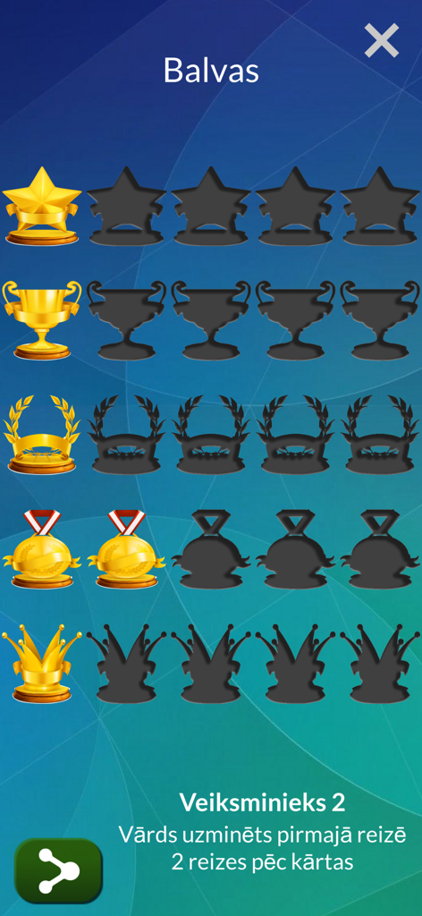 Vecais Labais Lingo - Pantalla de logros en la aplicación Vecais Labais Lingo mostrando trofeos y medallas desbloqueados con descripciones en letón