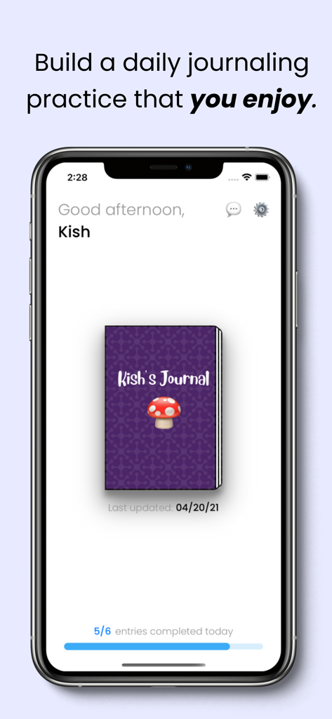 iPhone screen displaying the Poz Journal app with a personalized digital notebook cover and a progress bar for daily entries.