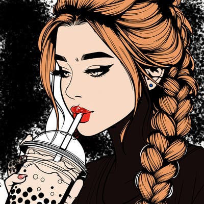 realistic girl drinking boba tea with braided hair