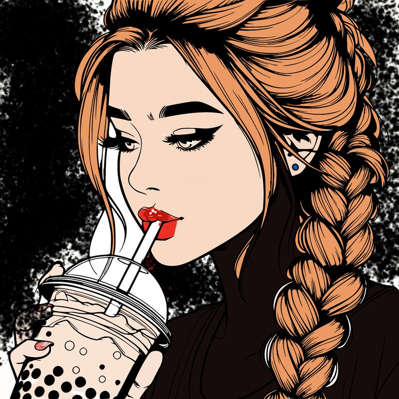 realistic girl drinking boba tea with braided hair